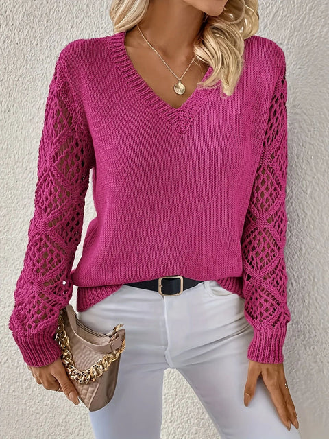 Spring and Autumn Jacket Hollow Knitted Sweater Women's Pullover Long Sleeve Hook Jacquard Loose V-Neck Bottom Top m301922