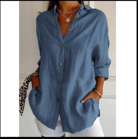 3D digital printing abstract pattern women's long-sleeved buckle linen shirt m302749-03
