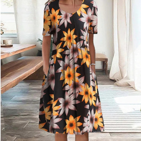 Neues lässiges Kurzarmkleid mit Rundhalsausschnitt und Print m300930 