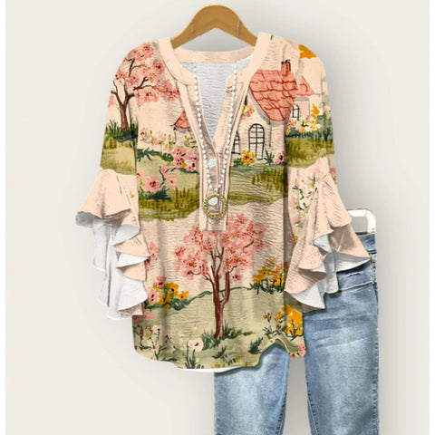 Floral element printing digital printing casual trend V-neck lotus edge T-shirt women's upper m302746