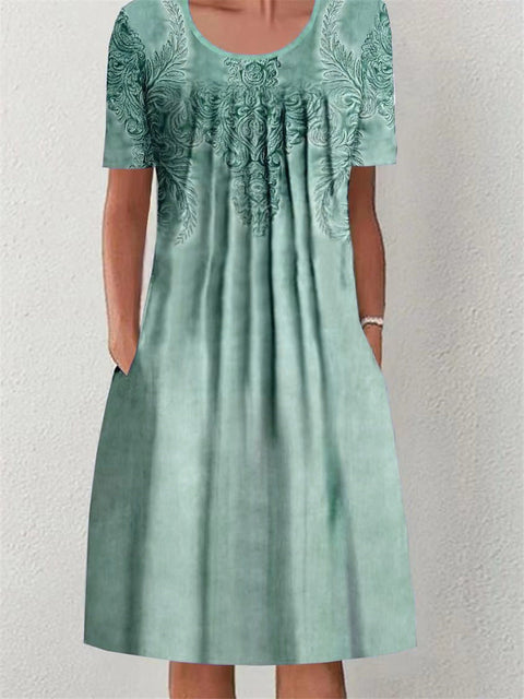 Frühling/Sommer Blumen bedrucktes Rundhals-Taschen-Mittellanges Kleid für Damenbekleidung m300037