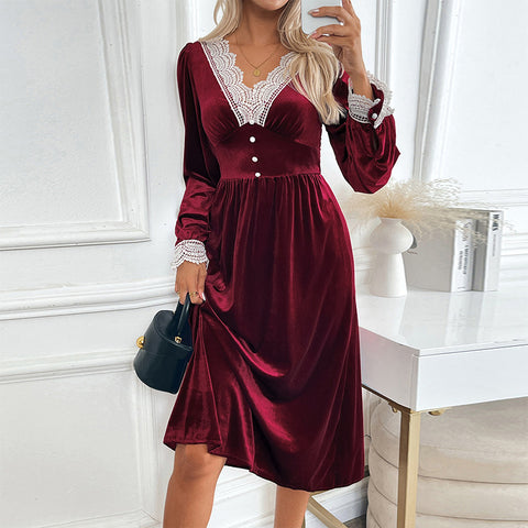 Herbst und Winter Samt langes Kleid Herbst und Winter Spitze Spleißen kontrastierendes Kleid Kleid m300773 