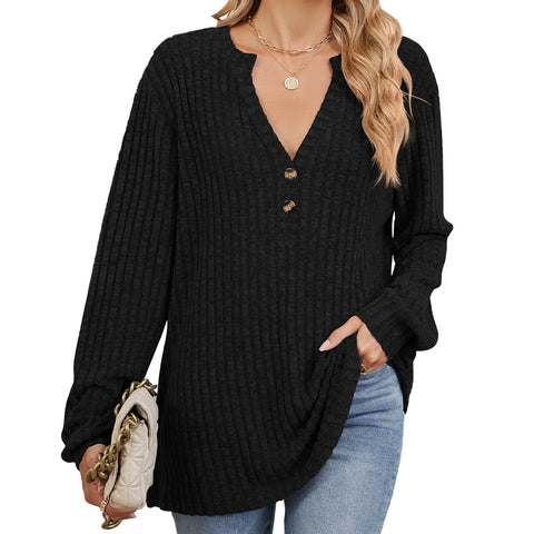 Autumn and winter new solid color pit strip polished button loose long-sleeved T-shirt women's m301772