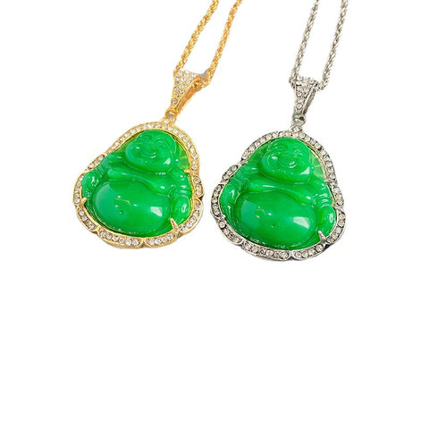 Diamantbesetzter Maitreya-Buddha-Anhänger im chinesischen Stil aus malaiischem Chalcedon, großer bauchiger Maitreya-Buddha-Anhänger m3331257