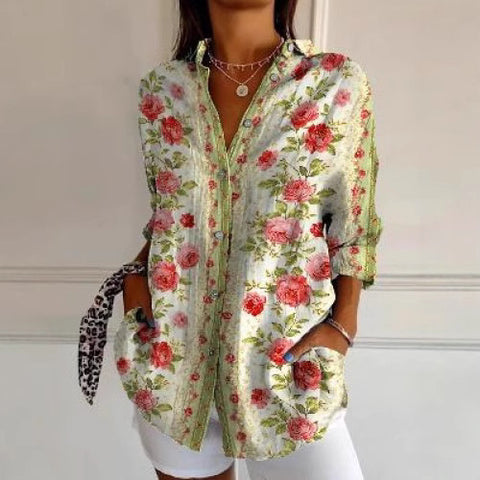 3D digital printing abstract pattern women's long-sleeved buckle linen shirt m302749-03