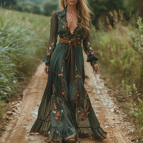Long Sleeve Printed Long Dress Shirt Collar Dress Long Dress m301982