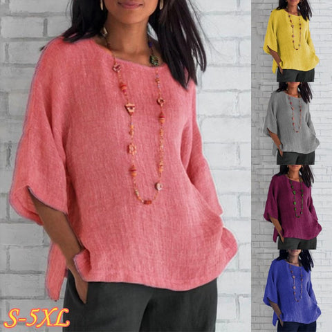 Haut chemise en coton et lin à manches fendues et col rond m300053 