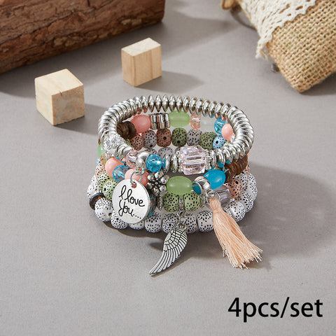 Nouveau bracelet bohème créatif à pompons et perles multicouches m3331286