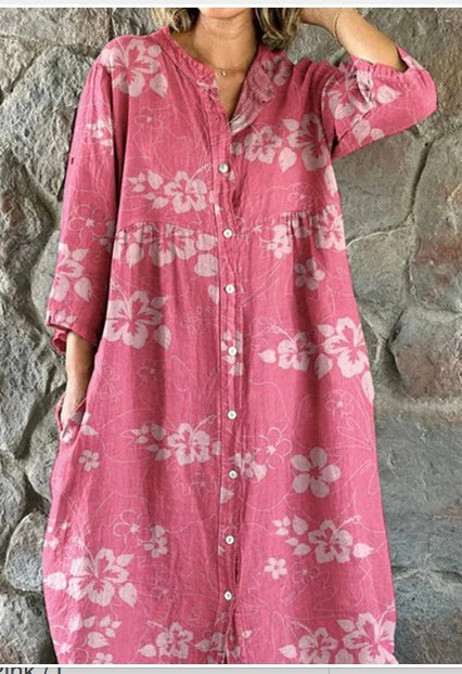 Robe chemise ample à col ras du cou et manches longues pour femme, imprimée, de qualité supérieure, m301050