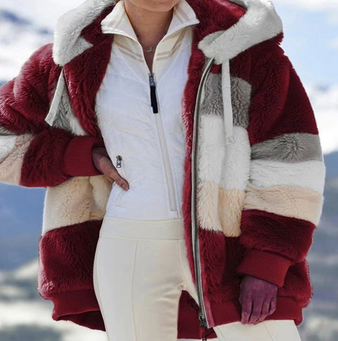 Warm plush patchwork zipper pocket hooded loose coat women m300611