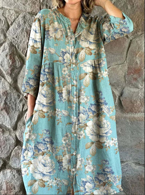 Lockeres Damen-Hemdkleid mit Rundhalsausschnitt, modisch, Premium, langärmlig, bedruckt, m301050