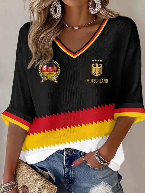 Down shoulder V-neck seven-quarter sleeve 3D printed women's top T-shirt m302844