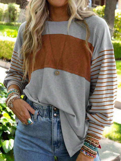 Pullover Rundhals lässig gestreift kontrastfarben Langarm T-Shirt Damen m300875 