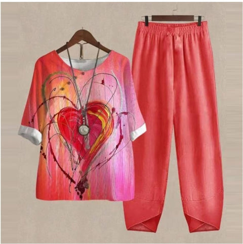 Ensemble deux pièces haut et pantalon imprimé à manches fendues m300036 