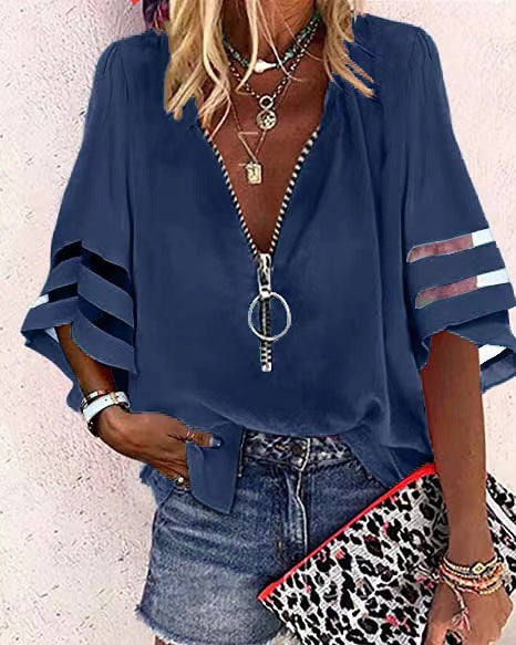 Chemise ample décontractée à col en V et manches mi-évasées avec fermeture éclair et maille pour femme M300887 