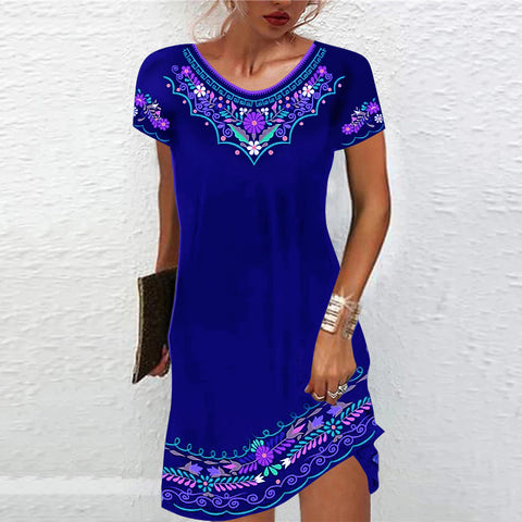 Robe décontractée imprimée à manches courtes et taille moyenne M300193 
