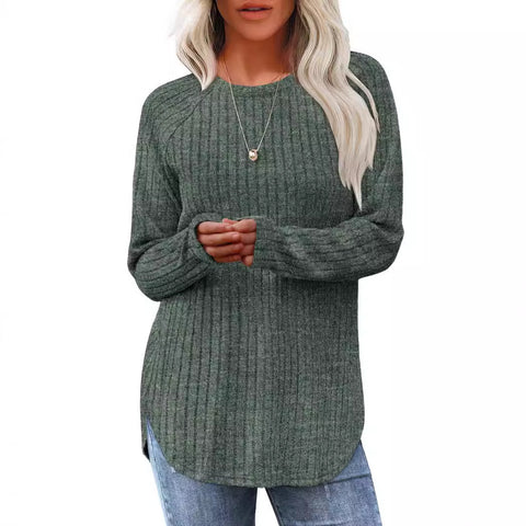 Loose crew neck high and low curved hem top women's m302070