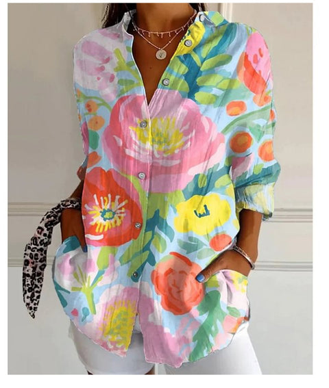 3D digital printing abstract pattern women's long-sleeved buckle linen shirt m302749-03