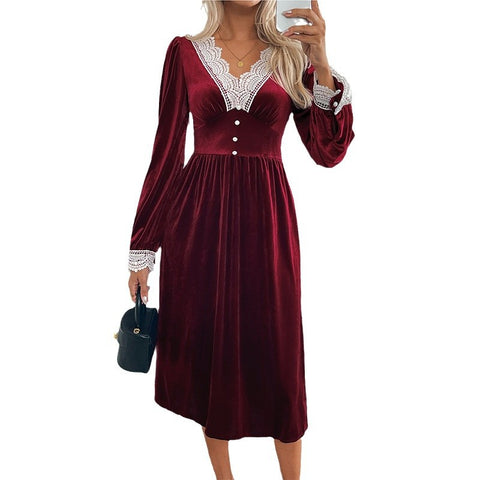 Herbst und Winter Samt langes Kleid Herbst und Winter Spitze Spleißen kontrastierendes Kleid Kleid m300773 