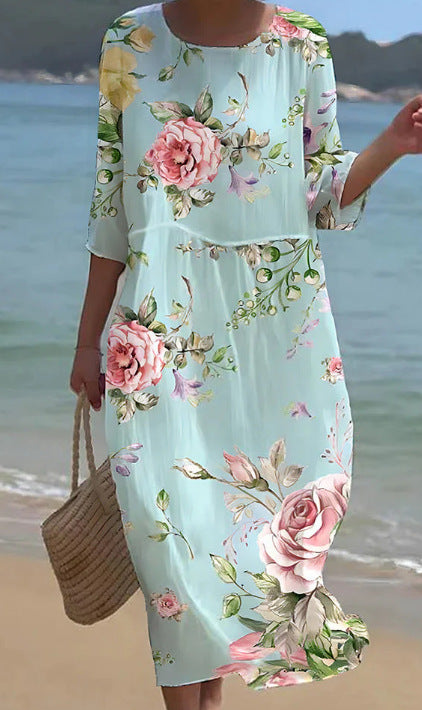Lockeres, modisches, hochwertiges, langärmeliges Kleid mit Rundhalsausschnitt und Print m301053