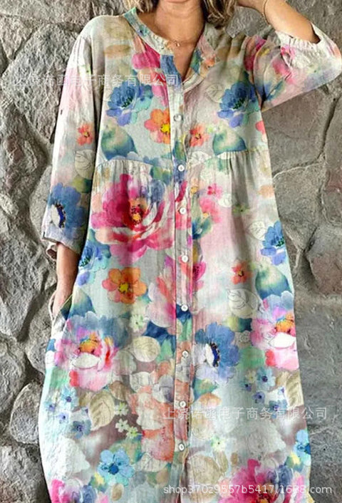 Robe chemise ample à col ras du cou et manches longues pour femme, imprimée, de qualité supérieure, m301050