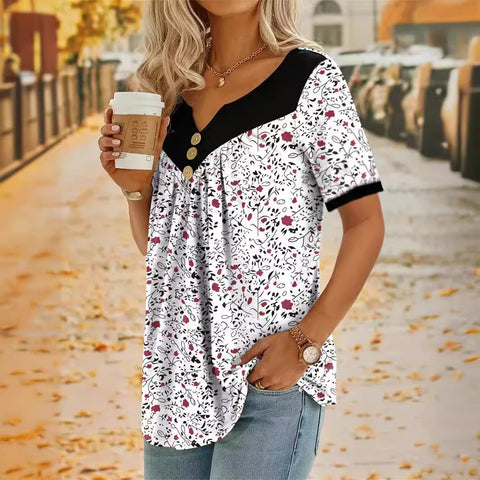 Lässiges Kurzarm-Oberteil mit kleinem Blumen-Spleißknopf m300662 