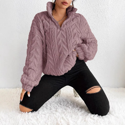 Double-sided plush latte casual zipper pullover top m302162