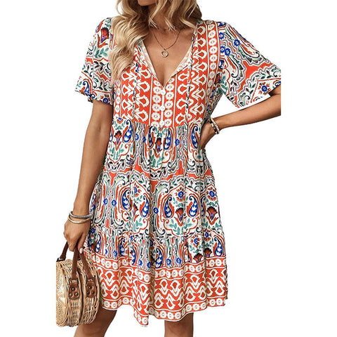 Neues Kleid mit V-Ausschnitt, modischer, lockerer Rock mit Bohème-Print, m300994 