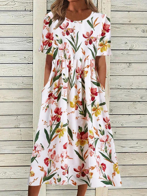 Sommer neues Damen-Swing-Kleid mit mittlerer Taille und lässigem Rundhalsausschnitt und Print m300040 