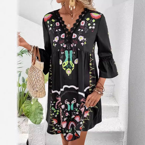 Neues lässiges, vielseitiges Printkleid mit V-Ausschnitt und Spitzenspleißen m300993 