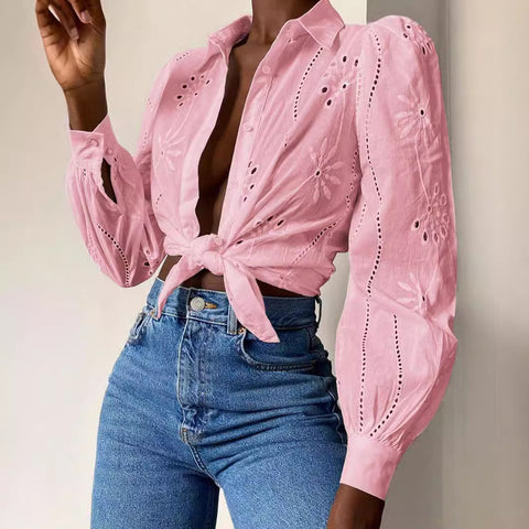 New single-breasted solid color embroidery loophole long-sleeved lapel shirt women's upper m301024