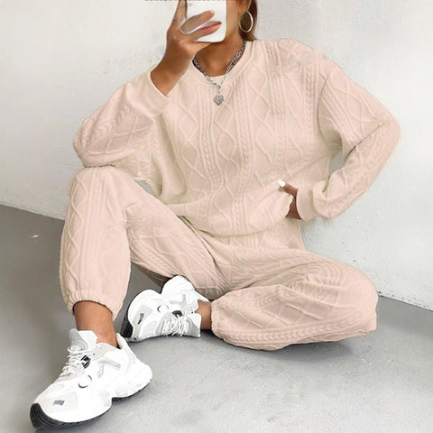 Women's twist splicing long-sleeved crew neck top corset trousers two-piece set m302008