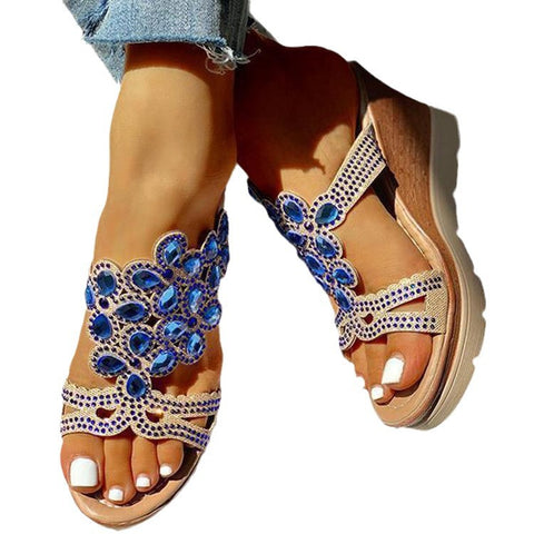 Bohemian rhinestone heel slippers women's summer platform large size round toe one line wedge heel fish mouth slippers m302362