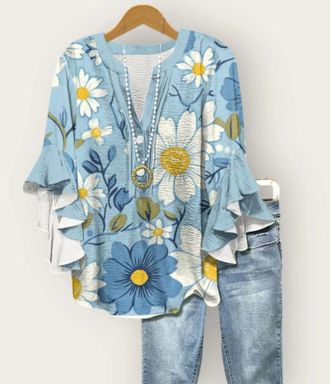 Creative floral element printing digital printing casual trend V-neck lotus edge T-shirt women's top m301778