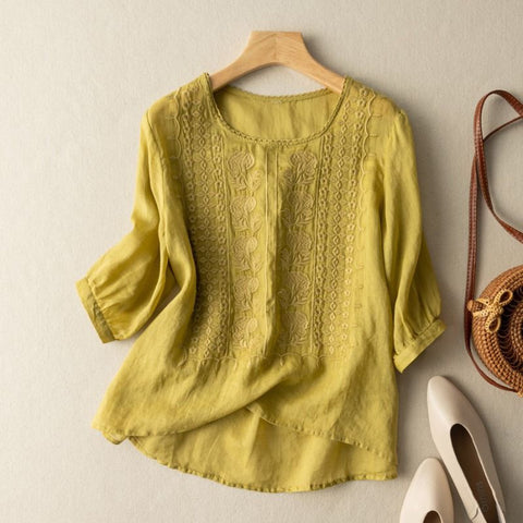 Summer thin embroidered top retro breathable cotton and linen short-sleeved t-shirt m302790
