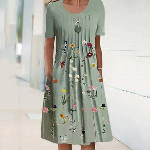 Frühling/Sommer Blumendruck Rundhalsausschnitt Tasche Mittellanges Kleid m300905 