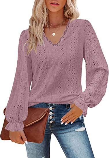 Chemise décontractée à col en V et manches plissées, automne m300647