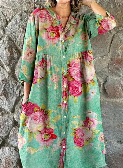 Robe chemise ample à col ras du cou et manches longues pour femme, imprimée, de qualité supérieure, m301050