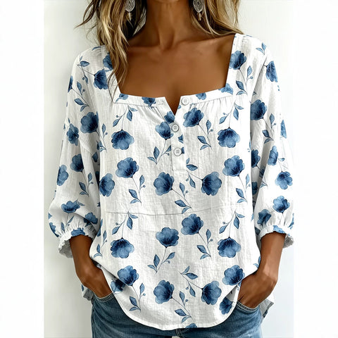 Women's square collar button-down shoulder seven-quarter sleeve medium sleeve T-shirt trend m302838
