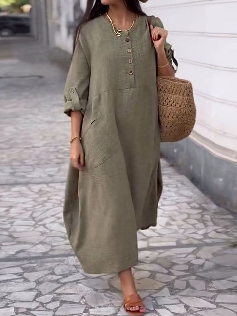 Women's Solid Color Crew Neck Cotton and Linen Long Sleeve Casual Double Pocket Button Long Dress m302717