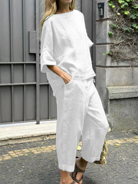 Women's 2-Piece Plus Size Cotton Linen Shirt Set High-Waisted Loose Pants M302296