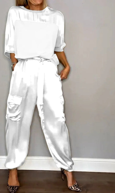 Women's smooth satin half-sleeved top and pants set two-piece set m301649