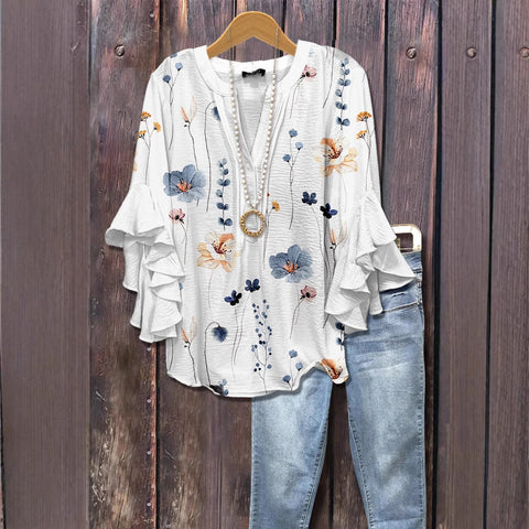 Kreativer Digitaldruck mit Blumenelementdruck, lässiger Trend, V-Ausschnitt, Lotuskante, T-Shirt m301352 