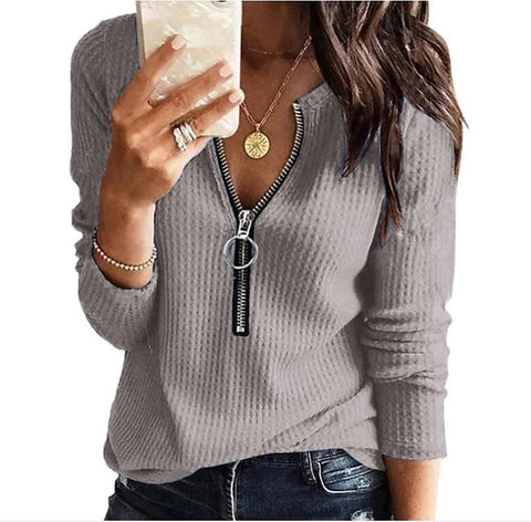 T-shirt tricoté à manches longues et col en V avec fermeture éclair, grande taille, pour femme, M300174 