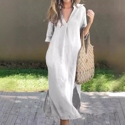 Split V-neck 7-point sleeve chest pleated dress m301506 on both sides