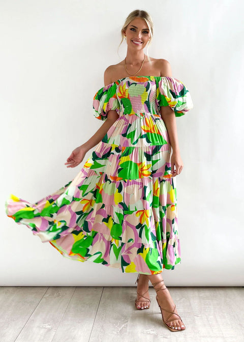 Robe longue imprimée à manches bouffantes et épaules dénudées pour femme M300282 