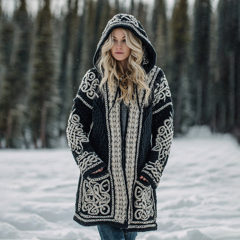 Cardigan long imitation knitted lazy wind hooded long cardigan sweater autumn and winter women's clothing m302125