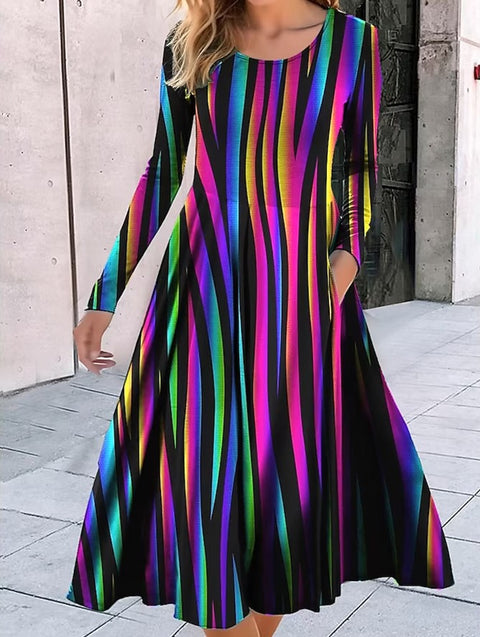 Rundhalsausschnitt, Langarm, lockeres Pendelkleid mit geometrischem Muster, bedruckt, m300700 