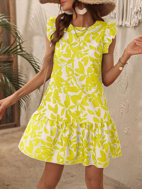 Robe à col ras du cou et manches volantées, imprimé feuilles de lotus, pour femme, M301018 