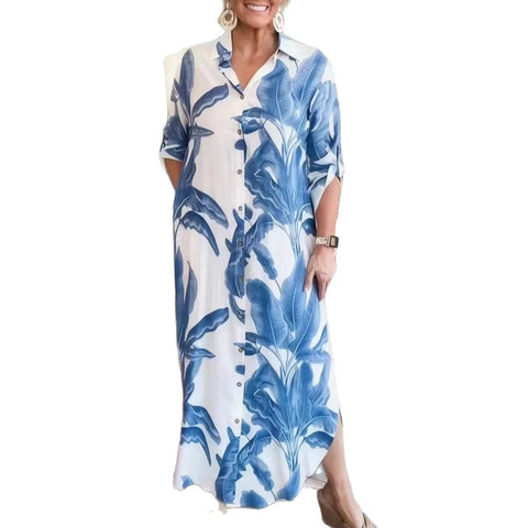 Women's Casual Loose Fashion Printed Lapel Medium Sleeve Large Size Shirt Dress m302334